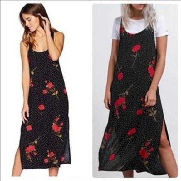 new size L Large Volcom end of the Rose roses flower black polkadot dress - Picture 2 of 5